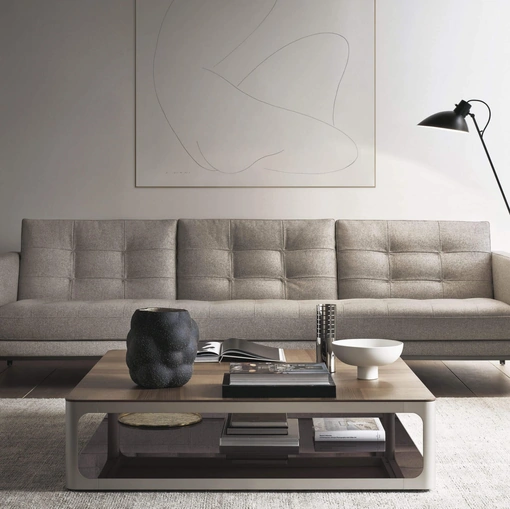 Tavolino Sixty Coffee Table con top in legno di Noce e base in alluminio finitura Platino di Rimadesio