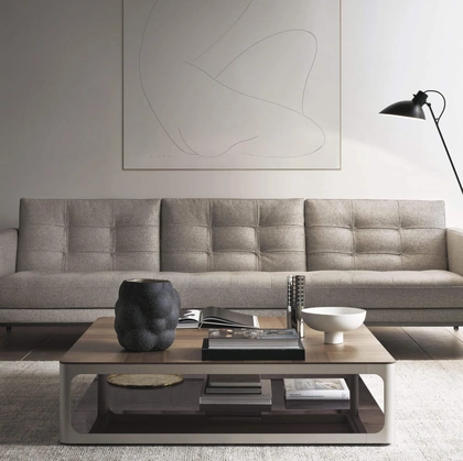 Tavolino Sixty Coffee Table con top in legno di Noce e base in alluminio finitura Platino di Rimadesio