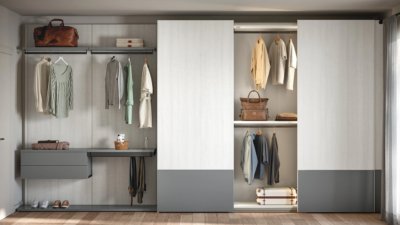 Armadio con ante scorrevoli 08E in melaminico Olmo Shade e cemento  di Cinquanta3