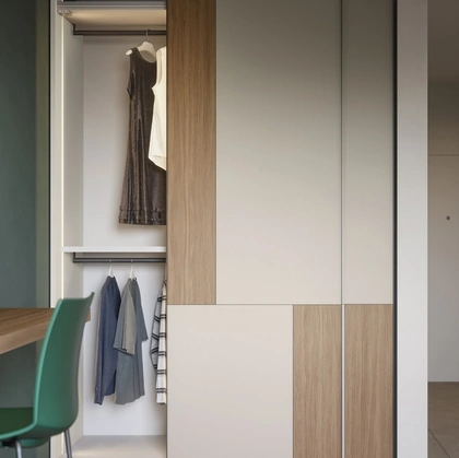 Armadio con ante scorrevoli 12B in melaminico Nuvola con inserti in Noce Naturale di Cinquanta3