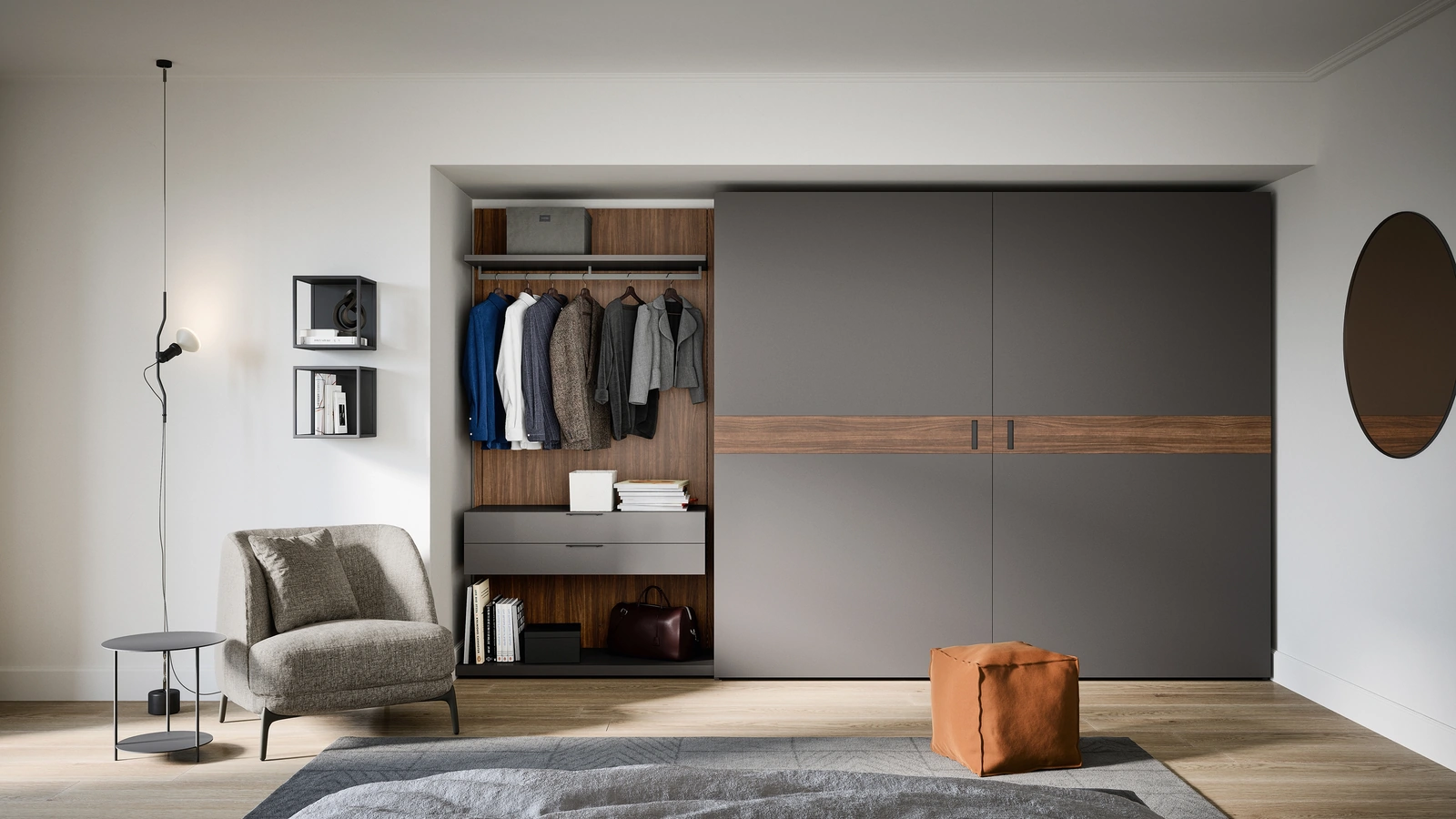 Armadio Class con anta scorrevole complanare in laccato opaco con inserto in legno di Novamobili