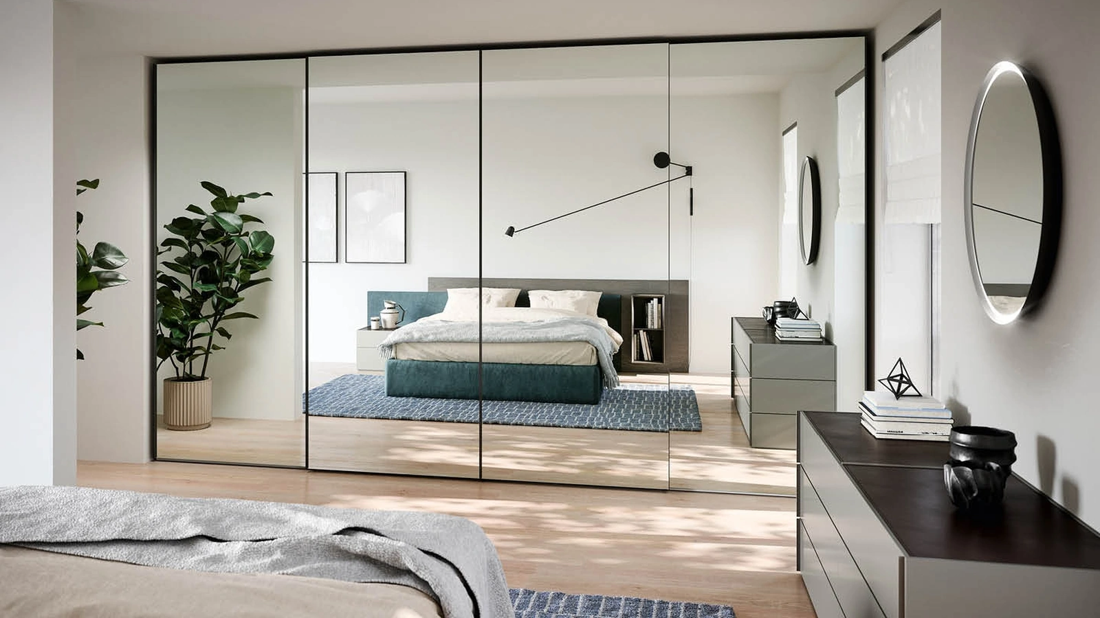 Armadio Crystal con anta scorrevole a specchio con profilo in acciaio di Novamobili