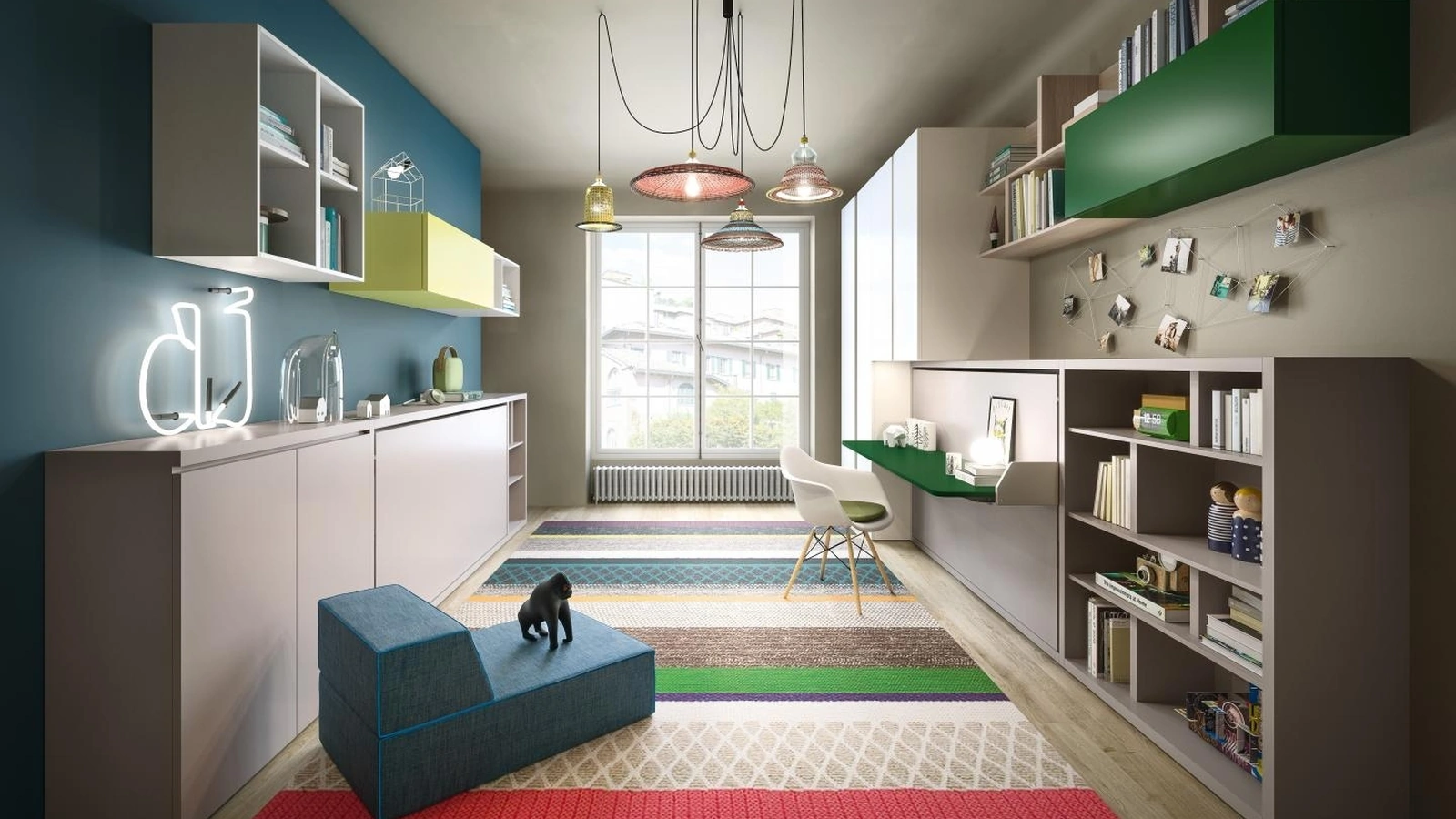 Cameretta salvaspazio con letti a scomparsa Young 01 in laccato opaco di Clei