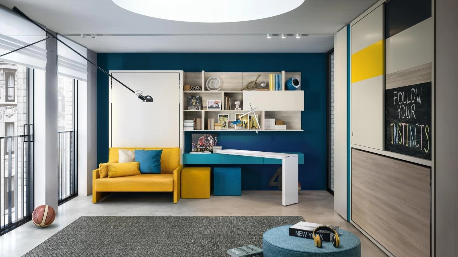 Cameretta salvaspazio in laccato e melaminico con letti a scopmparsa Young 07 di Clei