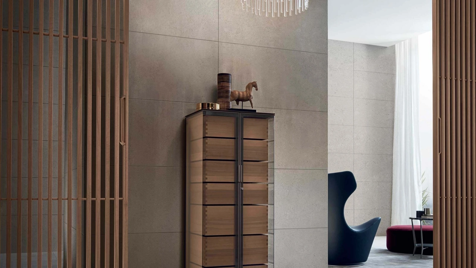 Cassettiera Ala in vetro e alluminio con cassetti in legno di Rimadesio