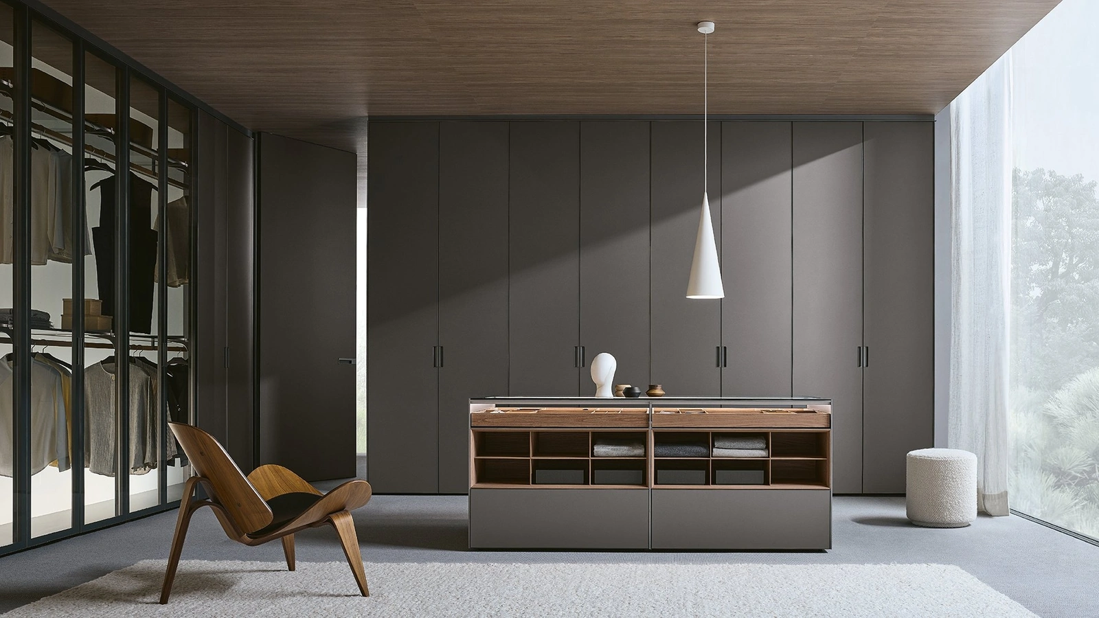 Cassettiera bifacciale Altair in laccato opaco e Olmo di Rimadesio