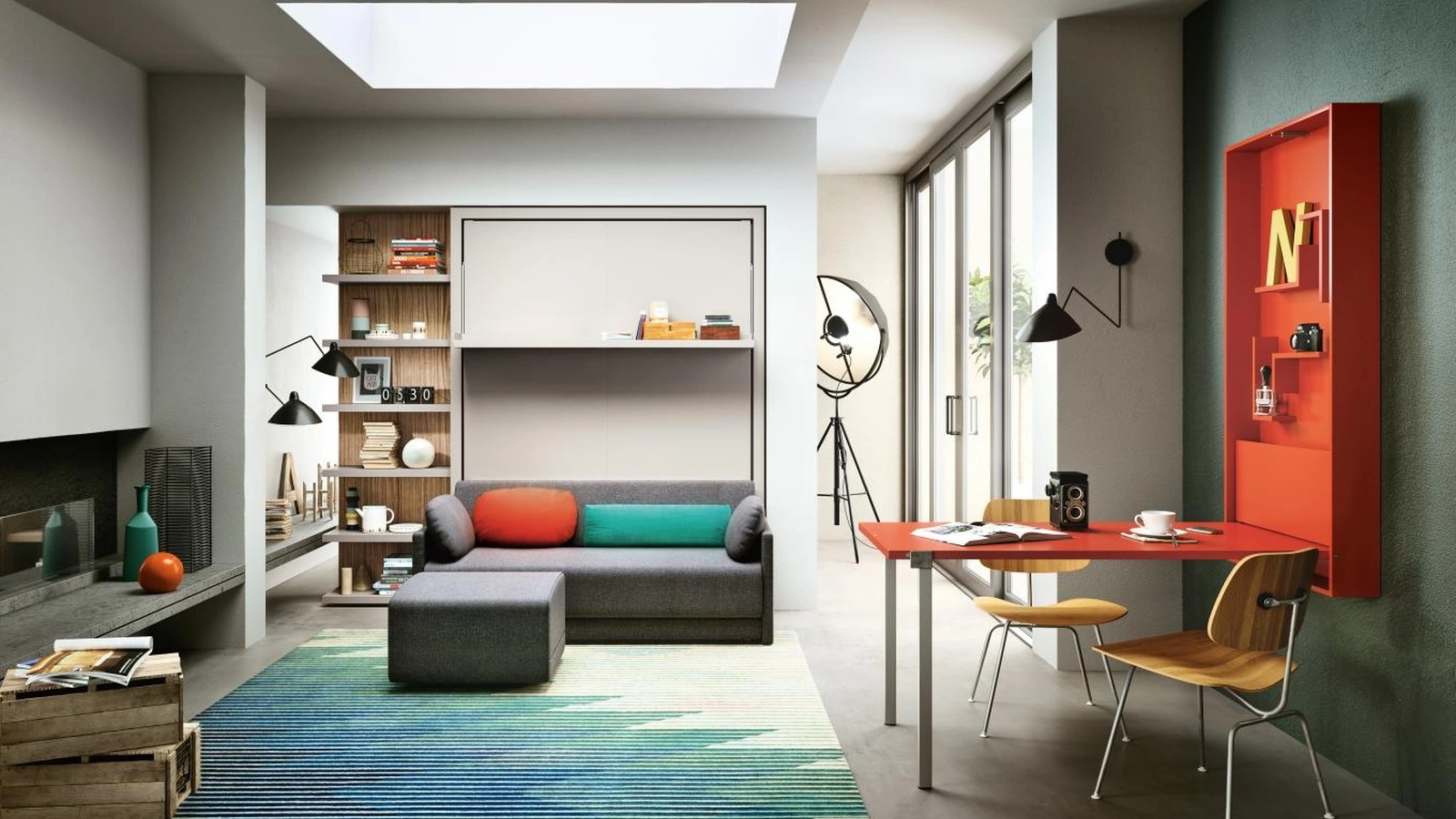 Letto a scomparsa trasformabile chiuso Living 07 con divano integrato con penisola Oslo di Clei