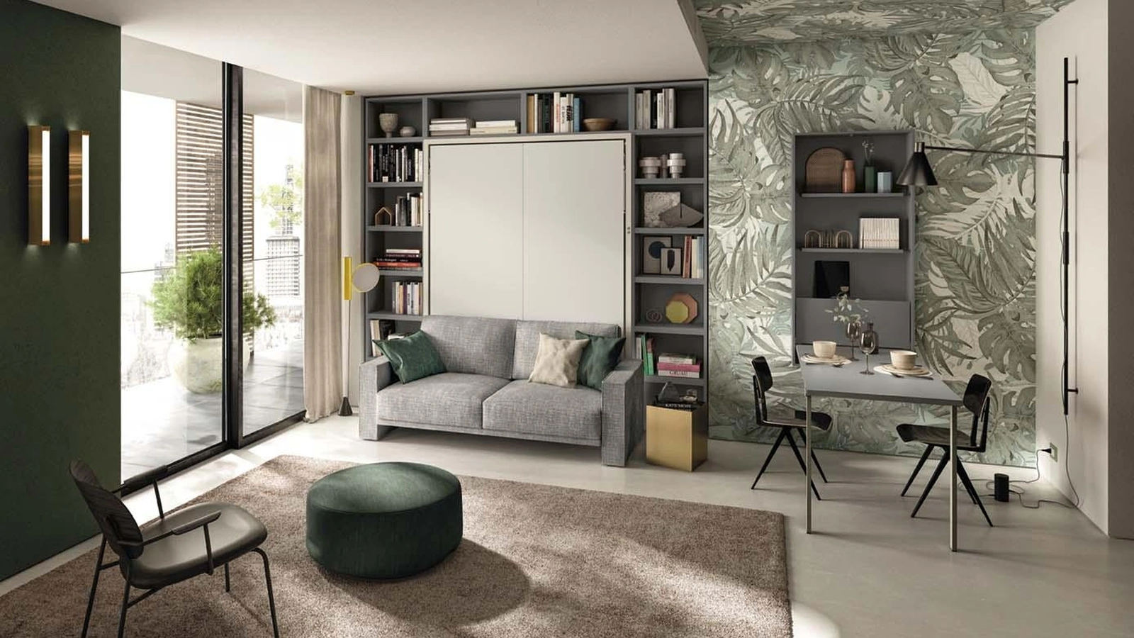 Letto a scomparsa chiuso con divano lineare integrato e tavolo laccato opaco Living 23 di Clei