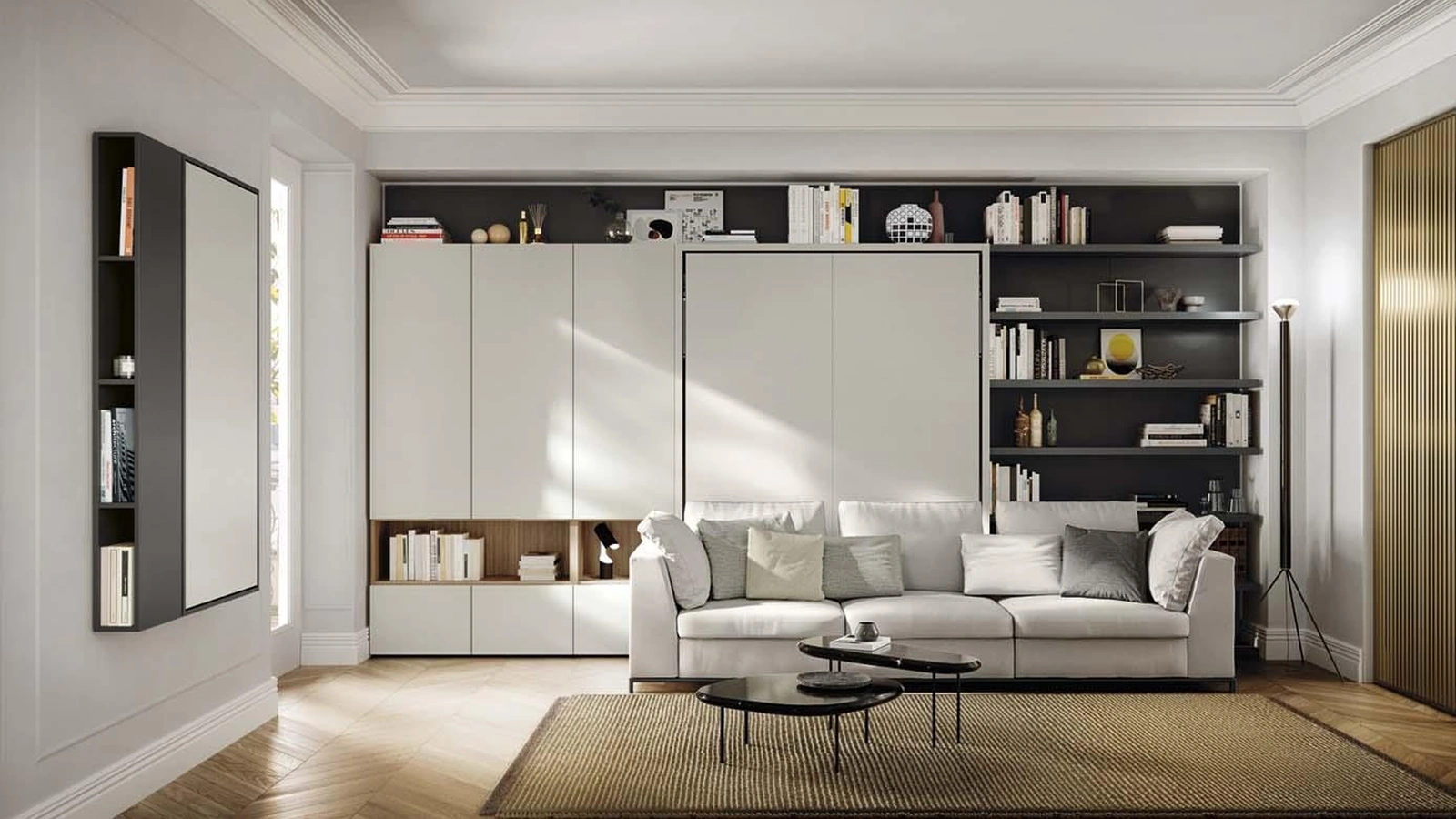 Letto a scomparsa chiuso Living 25 con divano lineare integrato di Clei