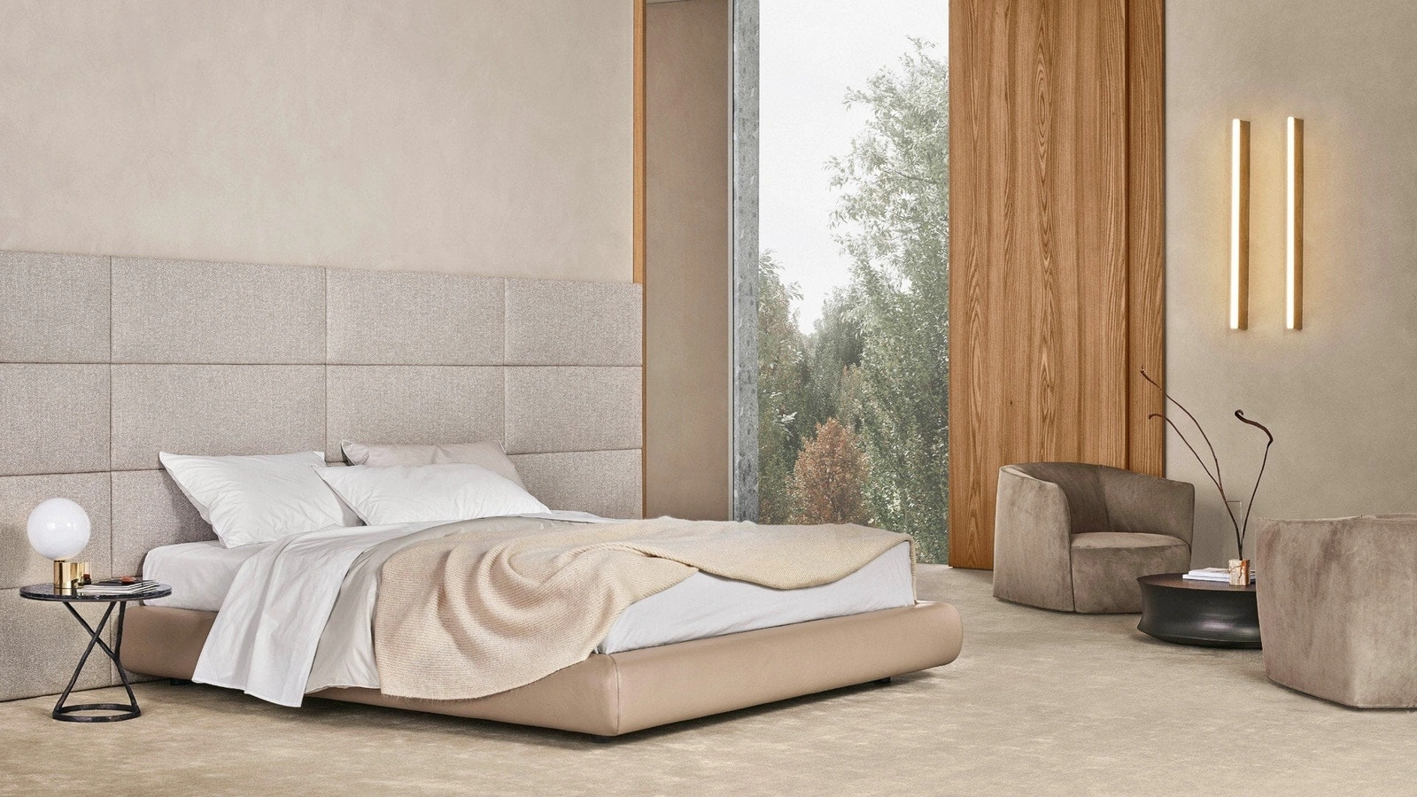 Letto in pelle imbottito con testiera boiserie in tessuto Dream di Poliform