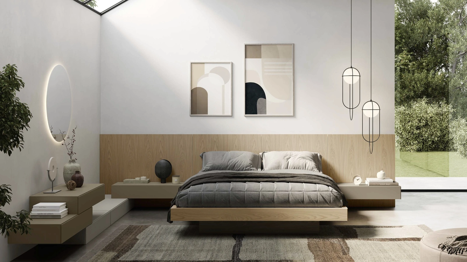 Letto Plan in legno con testiera boiserie a righe di Fimar