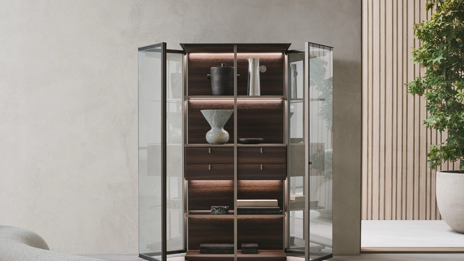 Libreria Aliante in rovere e vetro di Rimadesio