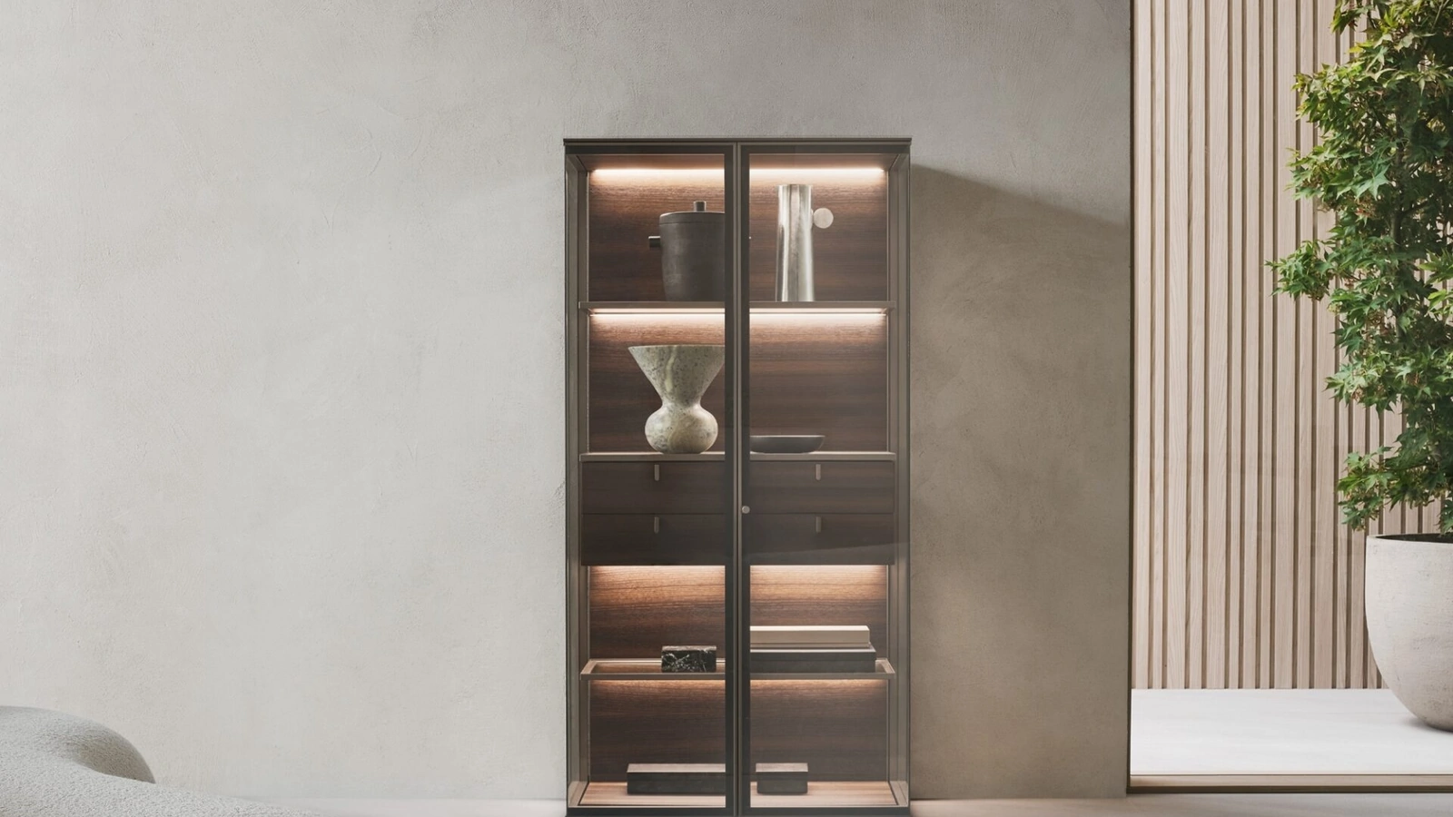 Libreria Aliante in rovere e vetro di Rimadesio