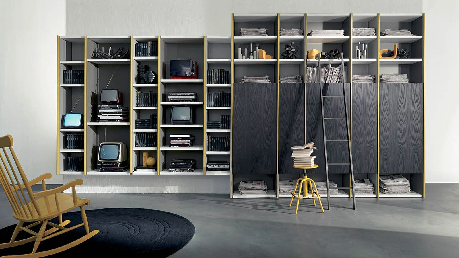 Libreria a muro componibile Edis 05 in laccato opaco e olmo lava di Fimar