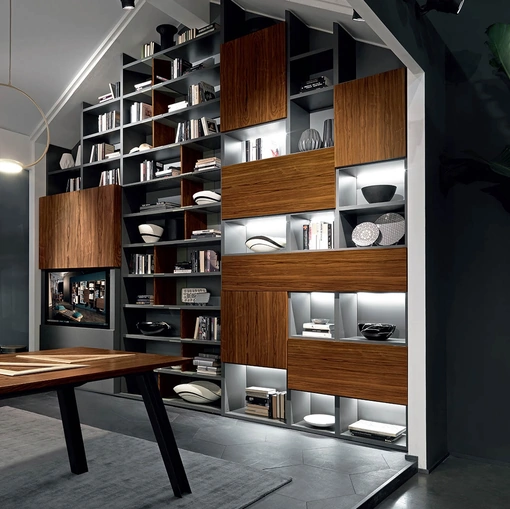 Libreria a muro Edis Sipario con porta tv a scomparsa in legno di palissandro e laccato opaco di Fimar