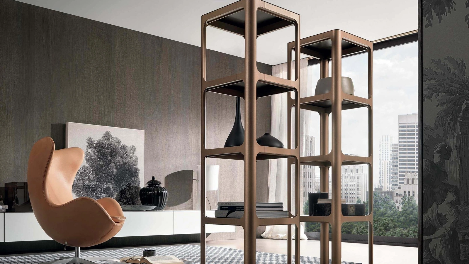 Libreria divisoria Sixty in alluminio laccato con ripiani in vetro di Rimadesio