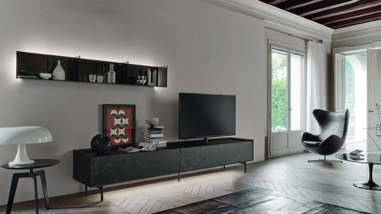 Mobile Porta Tv Base Cabaret Ceramica 2E in Rovere termotrattato con frontali in ceramica di Sangiacomo