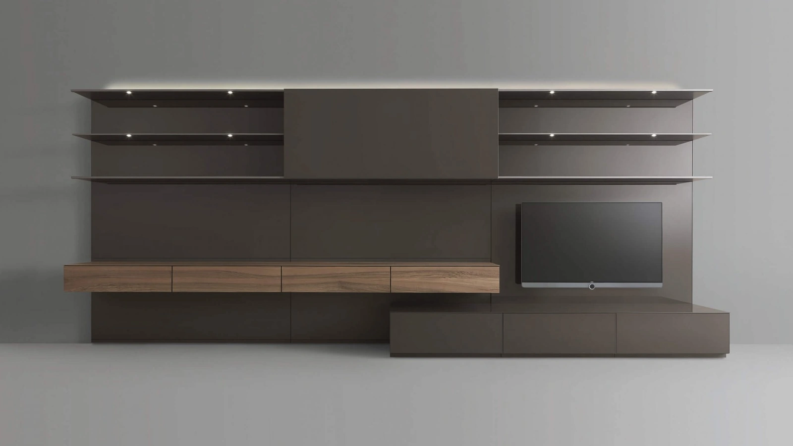 Parete Attrezzata Abacus in vetro Caffè e Noce di Rimadesio