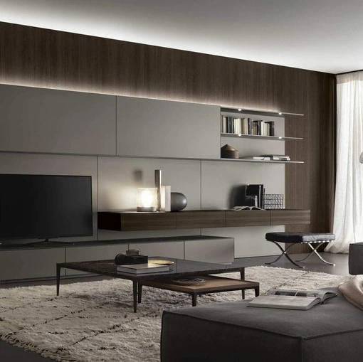 Parete Attrezzata Abacus in vetro Piombo opaco e Rovere termotrattato di Rimadesio