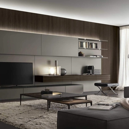 Parete Attrezzata Abacus in vetro Piombo opaco e Rovere termotrattato di Rimadesio