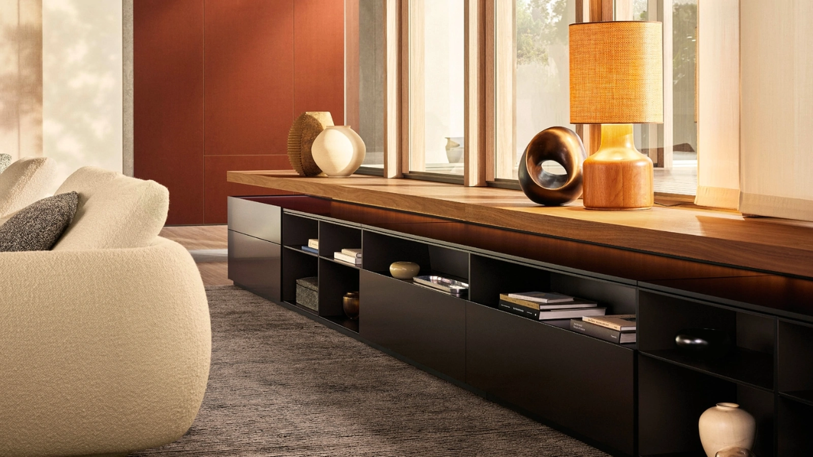 Parete Attrezzata Code Contenitori in laccato opaco bronzo con top in legno di Poliform