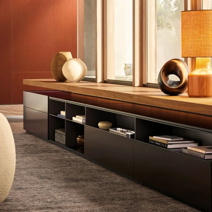 Parete Attrezzata Code Contenitori in laccato opaco bronzo con top in legno di Poliform