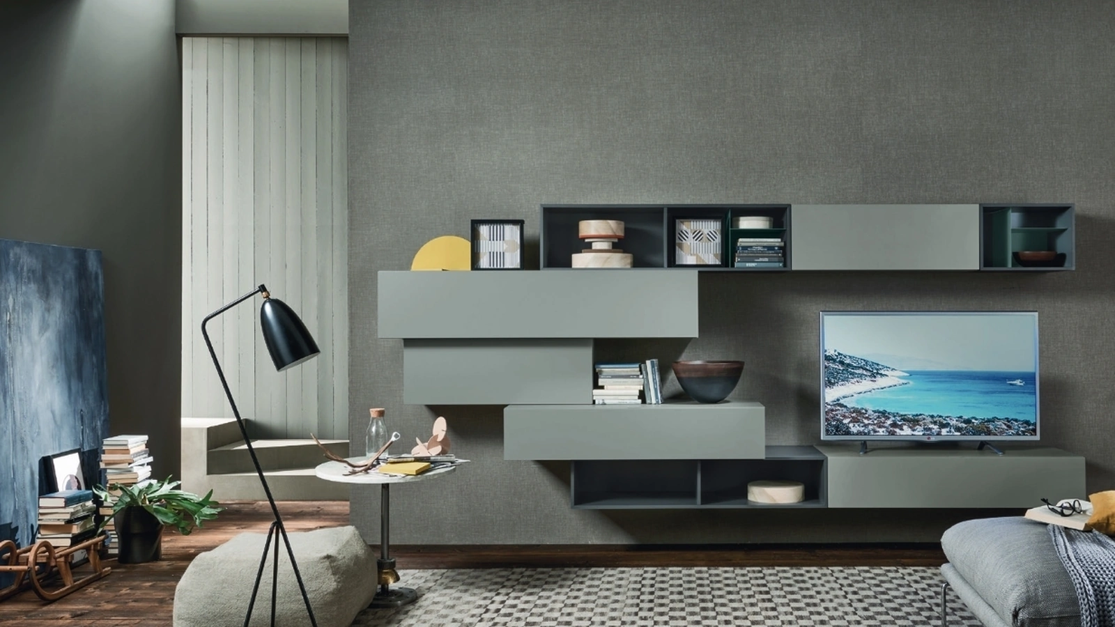 Parete Attrezzata Lampo L6C08 in laccato Ardesia opaco di Sangiacomo