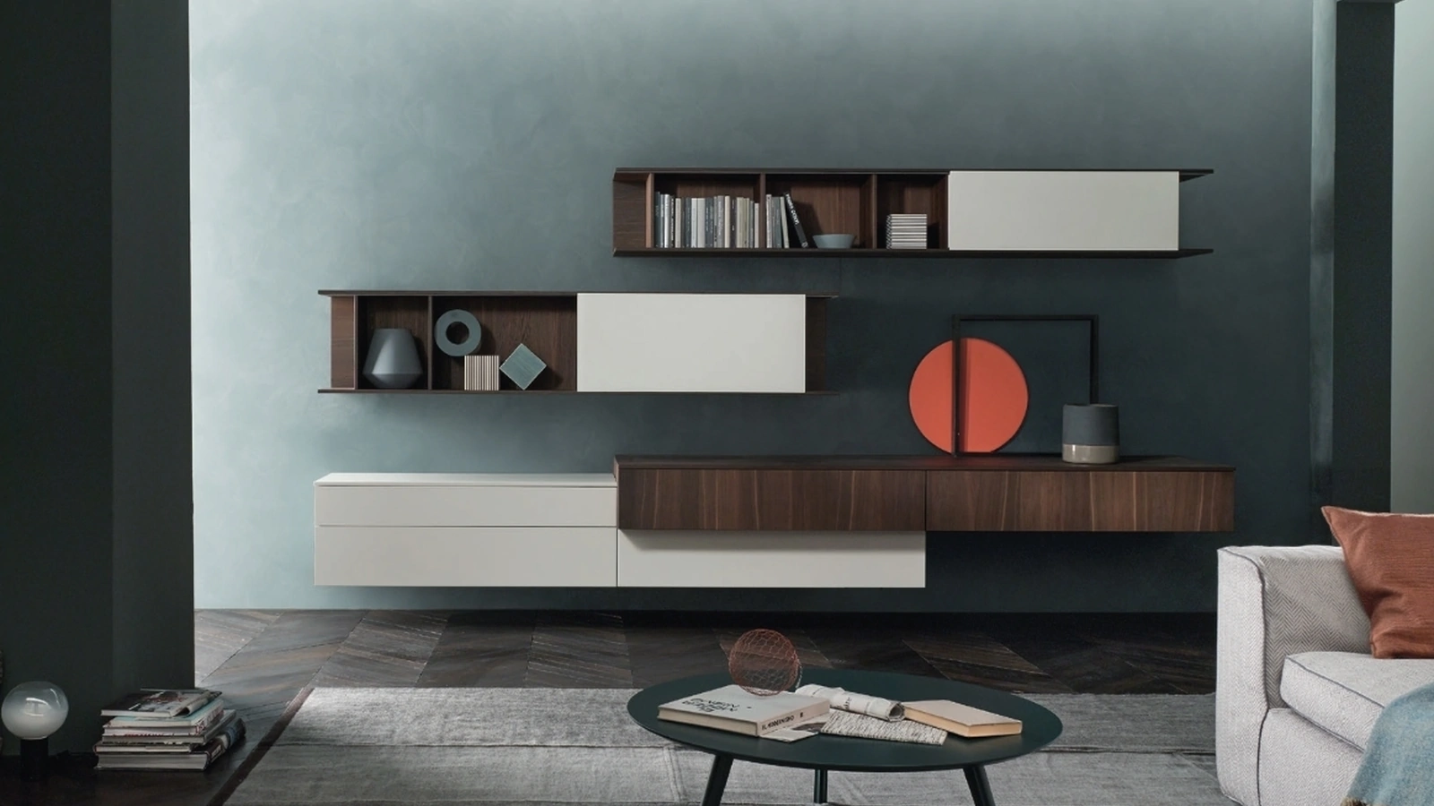 Parete Attrezzata Lampo L6C14 in impiallacciato Rovere termotrattato e laccato opaco Magnolia di Sangiacomo