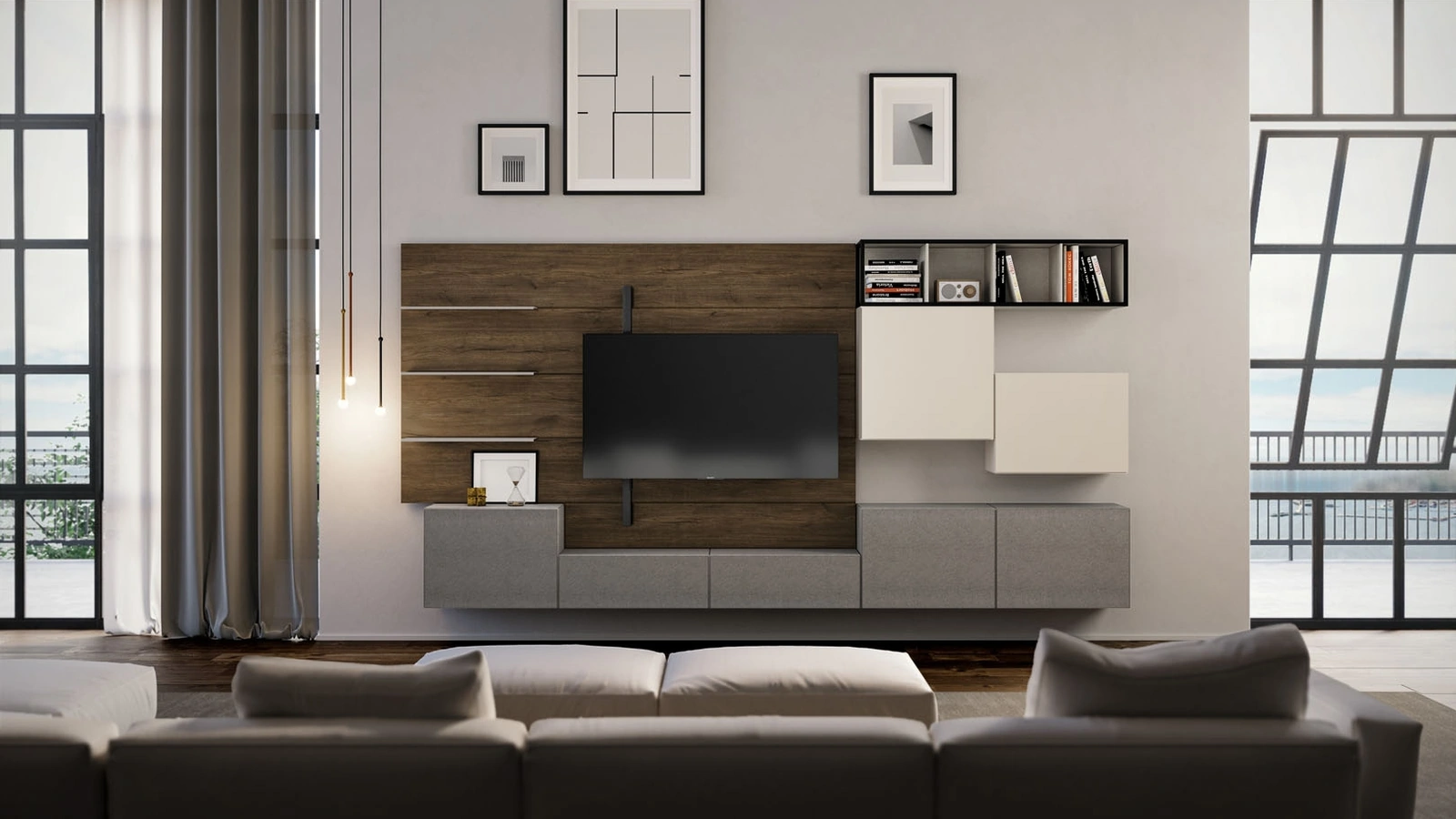 Parete Attrezzata Rebel Living 03 in laccato opaco, materico e legno di Fimar