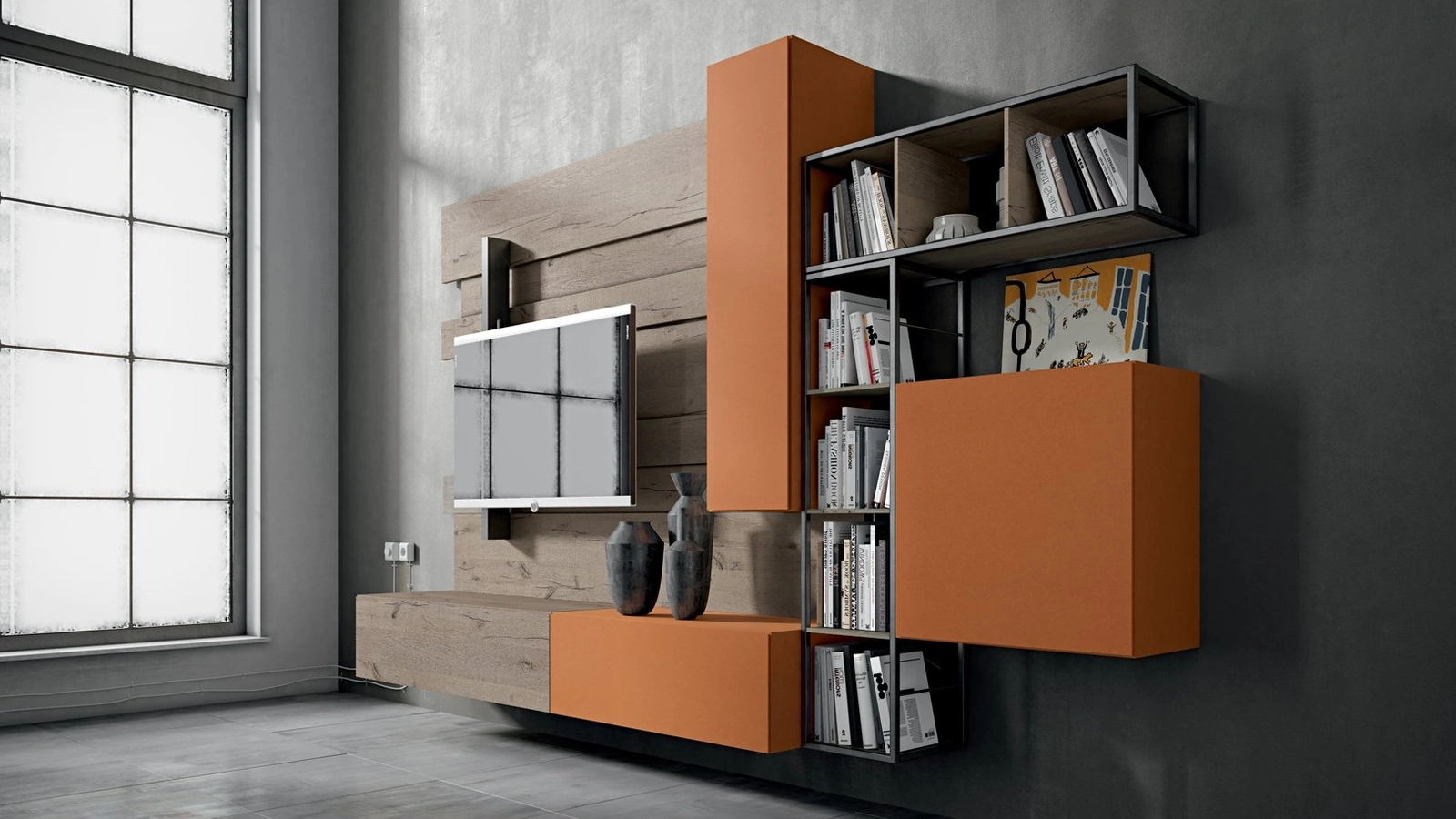 Parete Attrezzata Rebel R 02 in laccato opaco mattone e quercia di Fimar