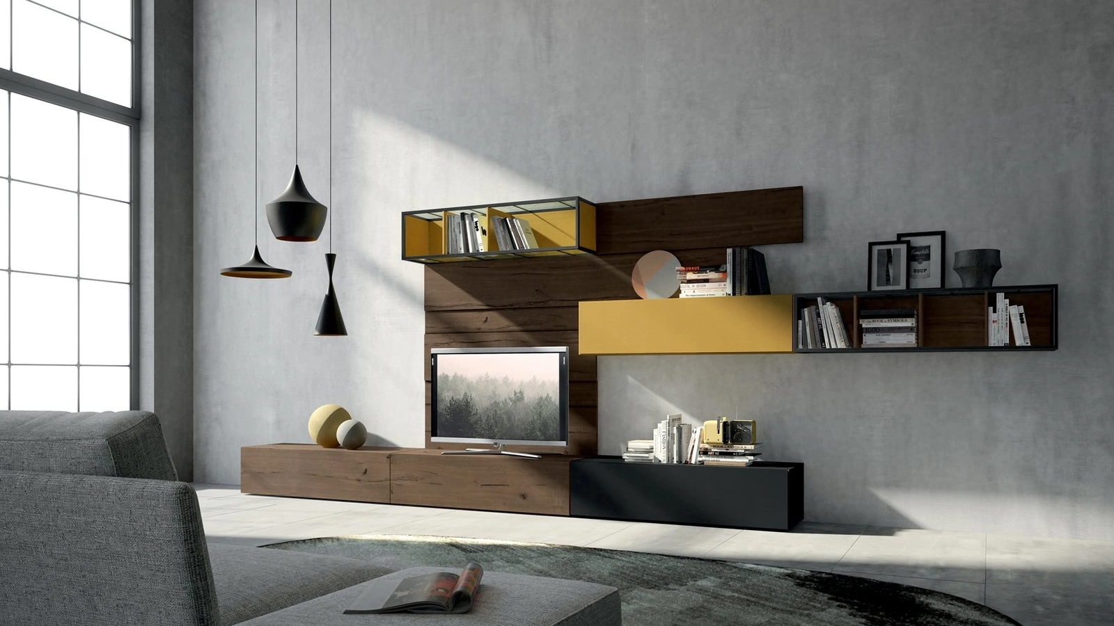 Parete Attrezzata Rebel R 05 in quercia e laccato opaco di Fimar