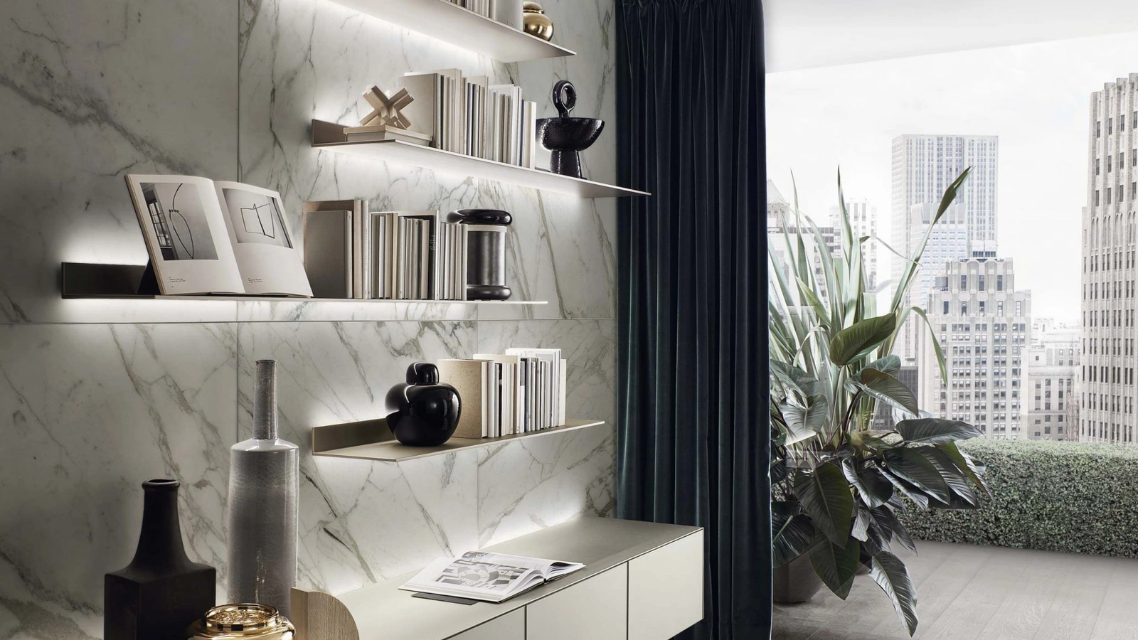 Parete Attrezzata sospesa Self in vetro finitura Palladio opaco e alluminio finitura Brown di Rimadesio