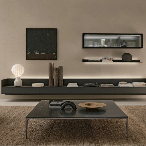 Parete Attrezzata sospesa Self Plan in vetro Nero opaco di Rimadesio