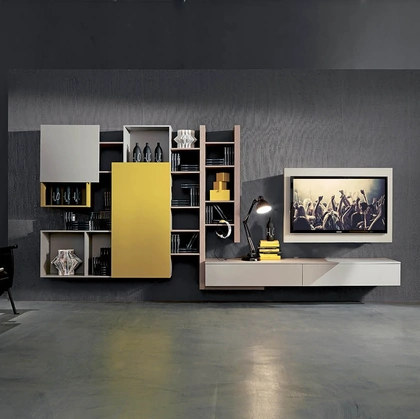 Parete Attrezzata sospesa Side 02 in finitura olmo zinco, laccato opaco pomice e giallo mango di Fimar