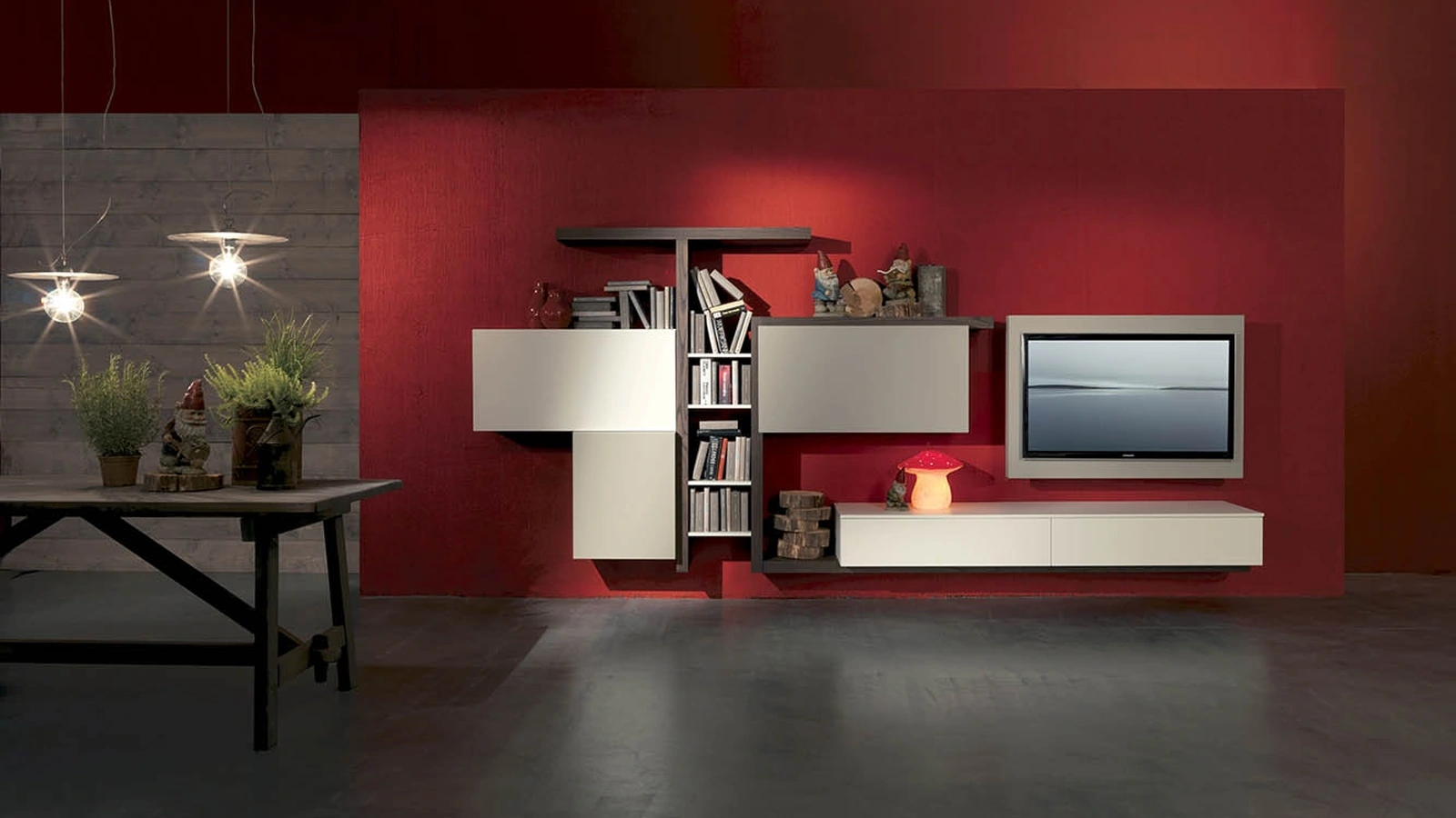 Parete Attrezzata sospesa Side 03 in finitura olmo ruggine, laccato opaco pomice e inverno di Fimar