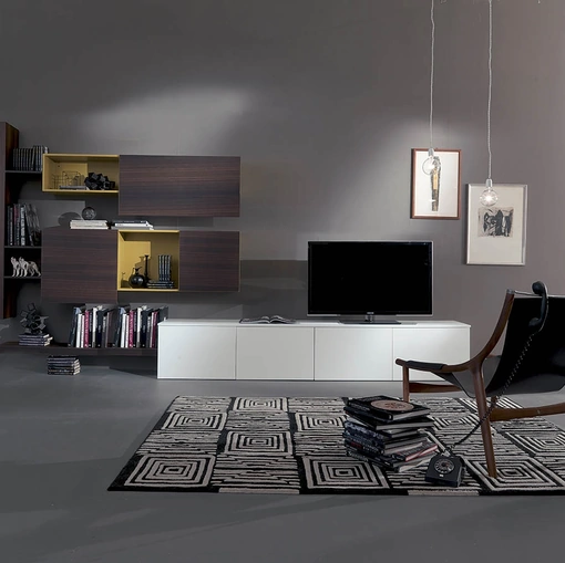 Parete Attrezzata Side 04 in finitura eucalipto, laccato inverno e laccato mango opaco di Fimar