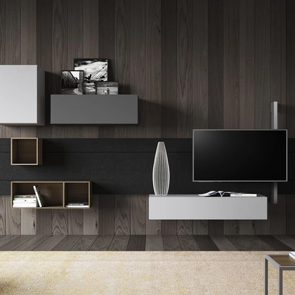 Parete Attrezzata Sorvolo D05 in finitura laccato visone, laccato ferro, noce random e pietra lavica di Fimar