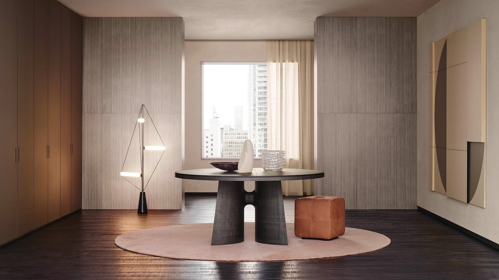 Tavolo rotondo Kensington  con top in olmo nero e base scultura in bronzo spatolato di Poliform