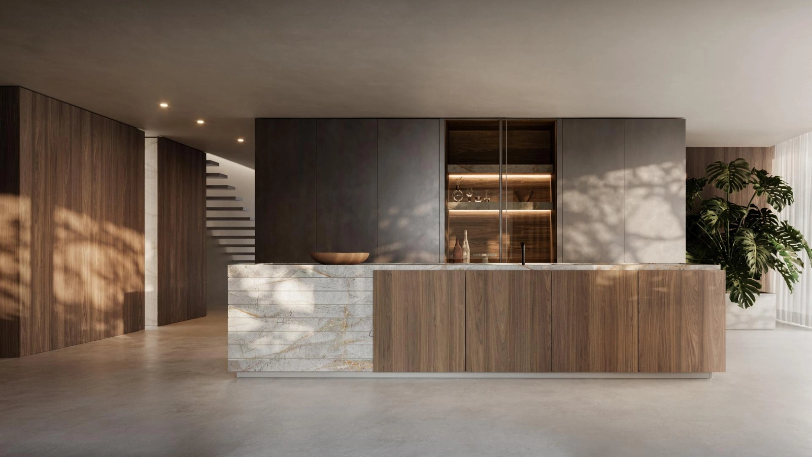 Cucina Design con isola Art in noce e marmo di Modulnova