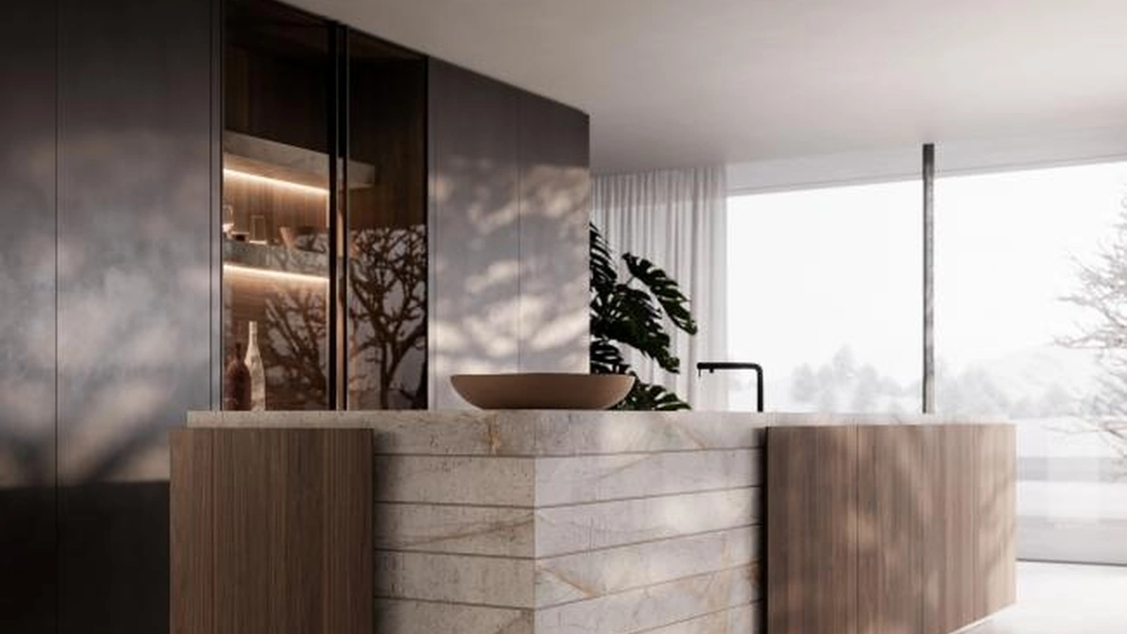 Cucina Design con isola Art in noce e marmo di Modulnova