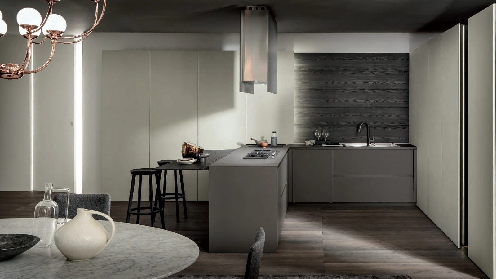 Cucina Design con penisola MH6 in melaminico Cendre con penisola a sbalzo di Modulnova