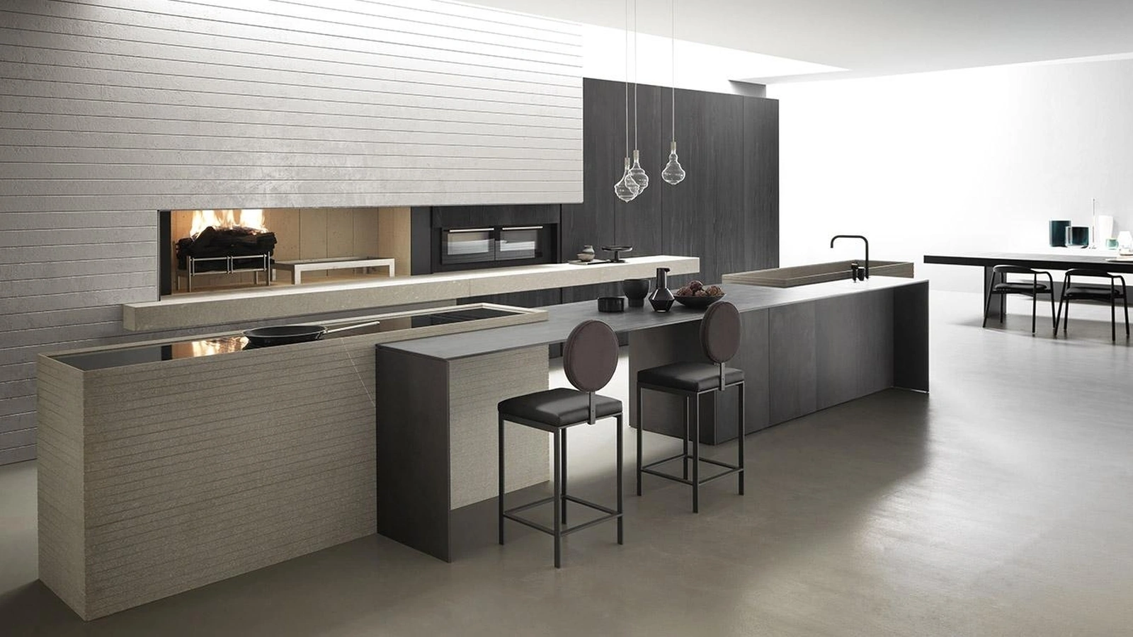 Cucina Design con isola Blade 03 in Gres Black Metal, Pietra Piasentina e Cedro Brown di Modulnova
