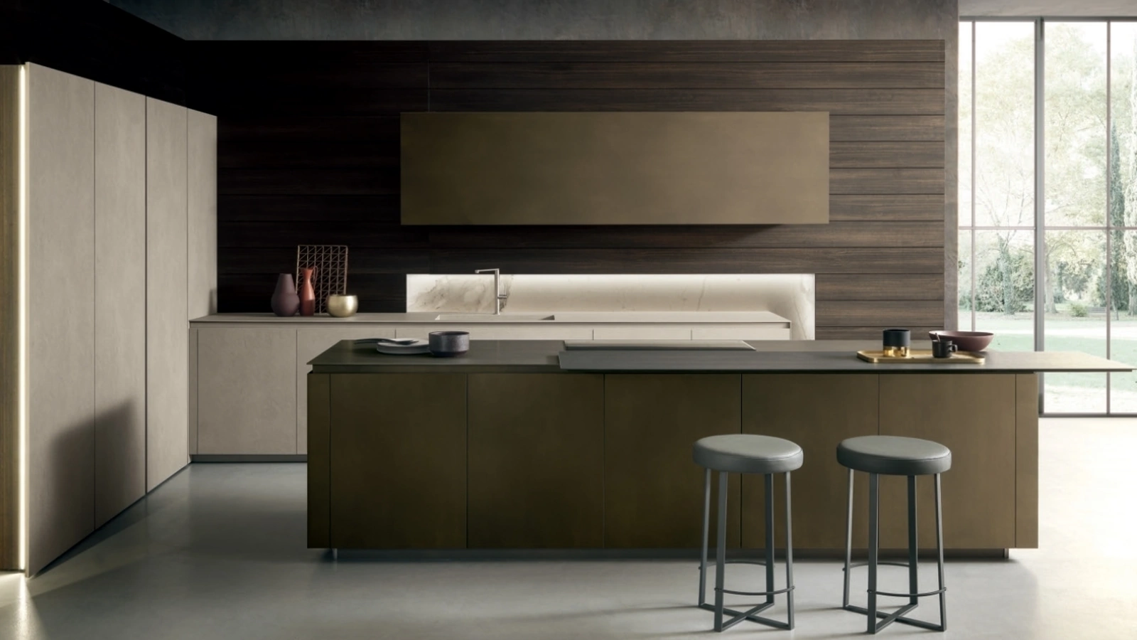 Cucina Design con isola Skill finitura milltech Riace e Argilla con top in laminato Riace e Argilla di Modulnova