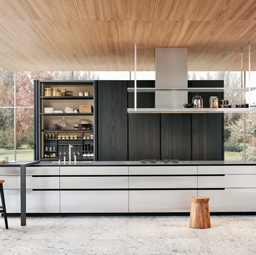 Cucina Design in olmo nero con isola in acciaio Phoenix 02 di Poliform