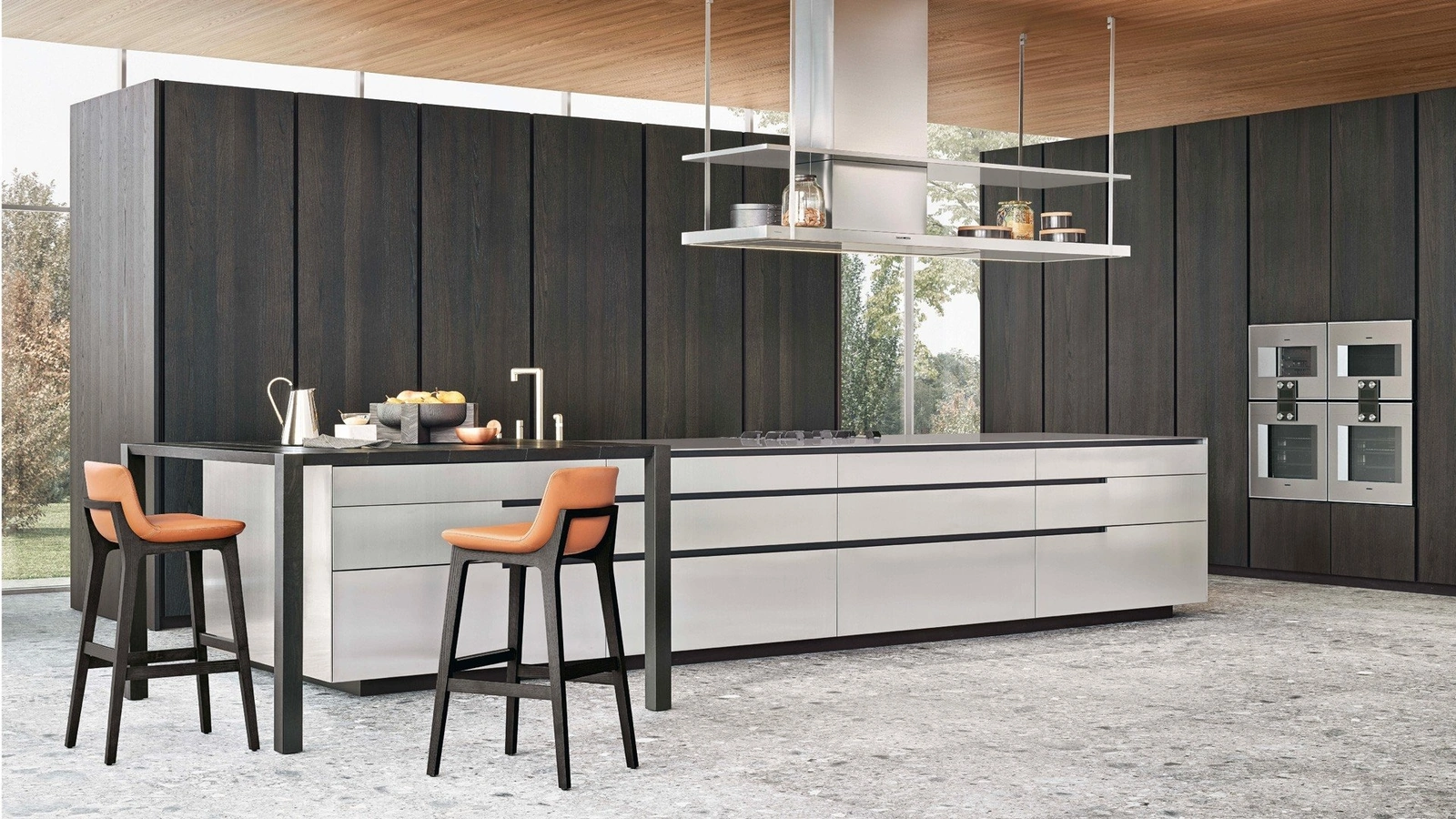 Cucina Design in olmo nero con isola in acciaio Phoenix 02 di Poliform