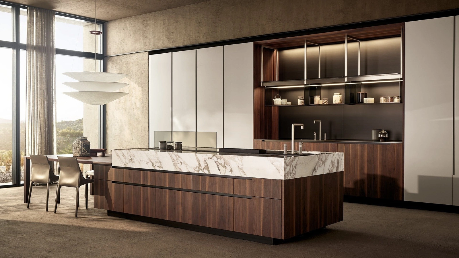 Cucina Design Phoenix in Noce, Marmo e laccato goffrato Ghiaccio di Poliform