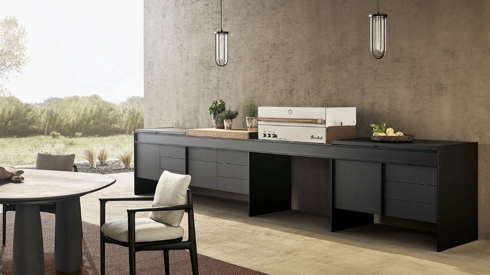 Cucina Design Land Kitchen in alluminio laccato Nero e acciaio di Poliform