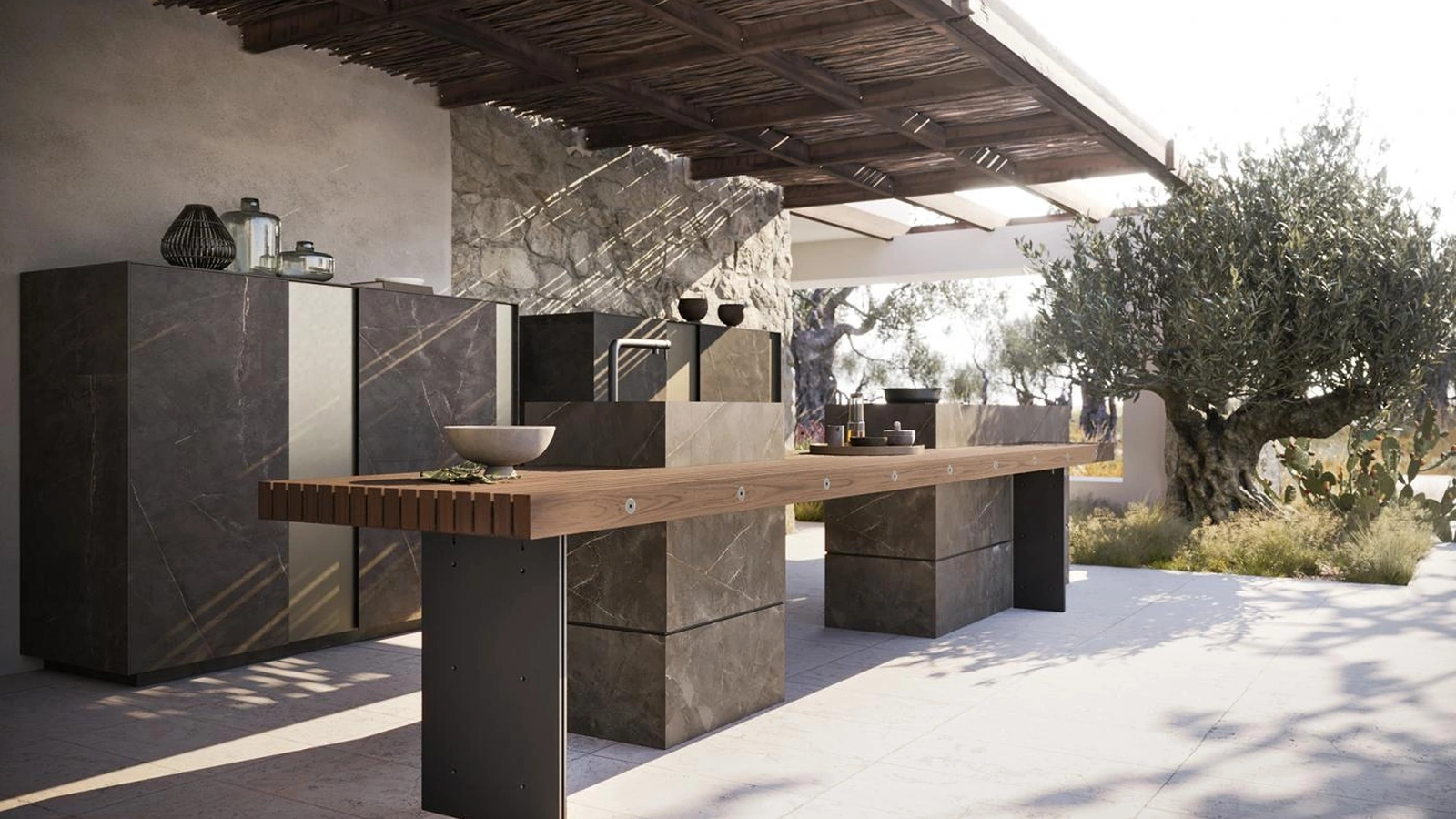 Cucina Design per esterno con isola Project 01 in gres e legno massello di Modulnova