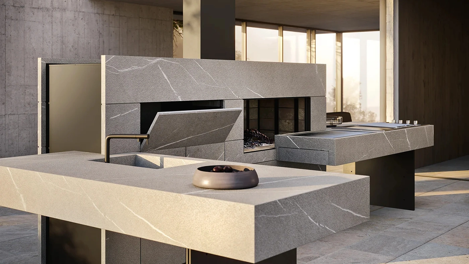 Cucina Design per esterno in pietra piasentina con penisola Project 06 di Modulnova