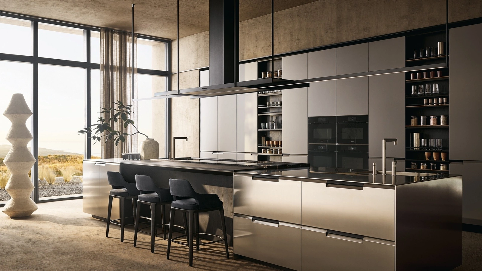 Cucina Design in laccato con isola in acciaio Shape di Poliform
